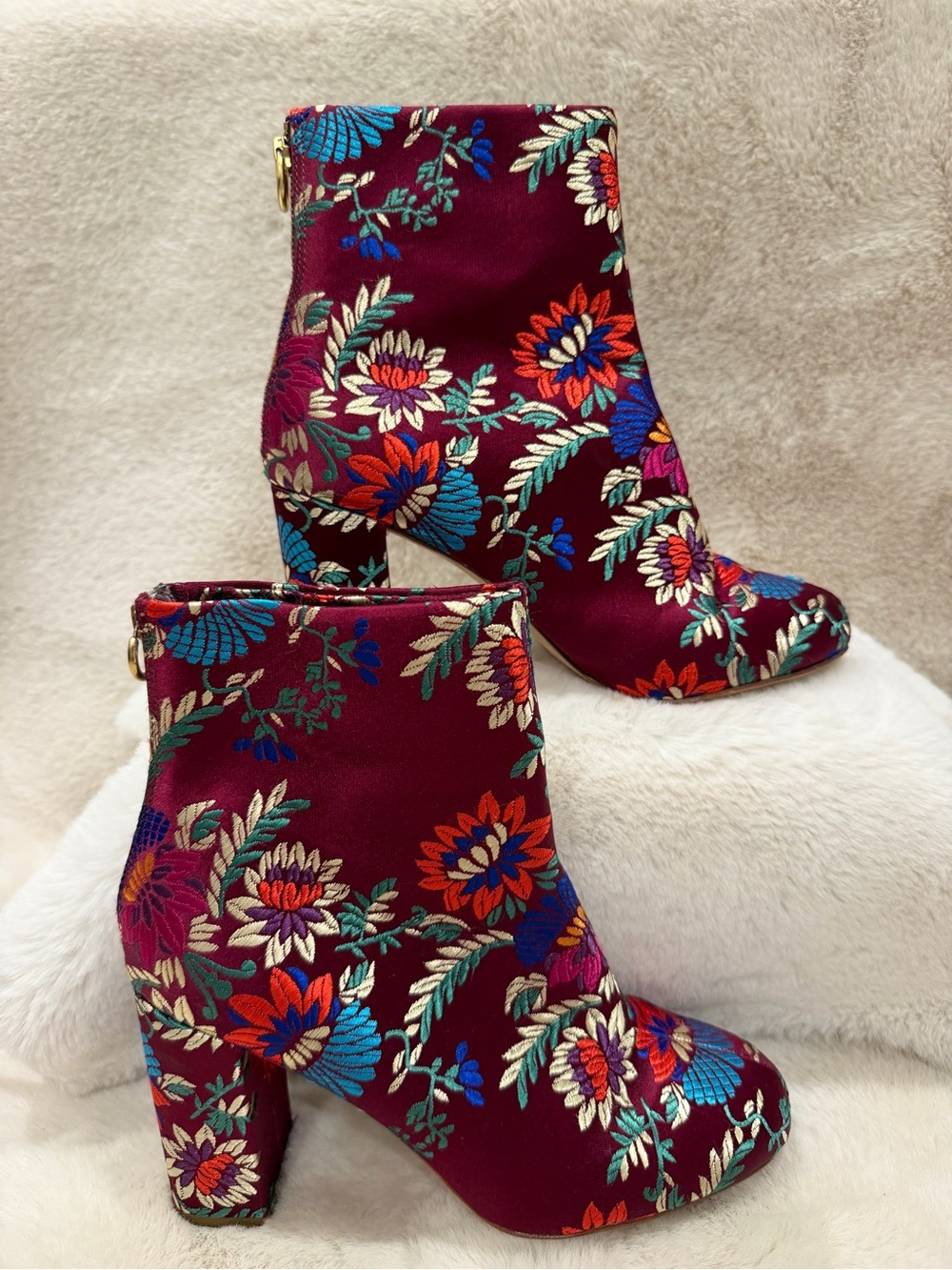 Joie Burgundy Floral Embroidered Ankle Boots